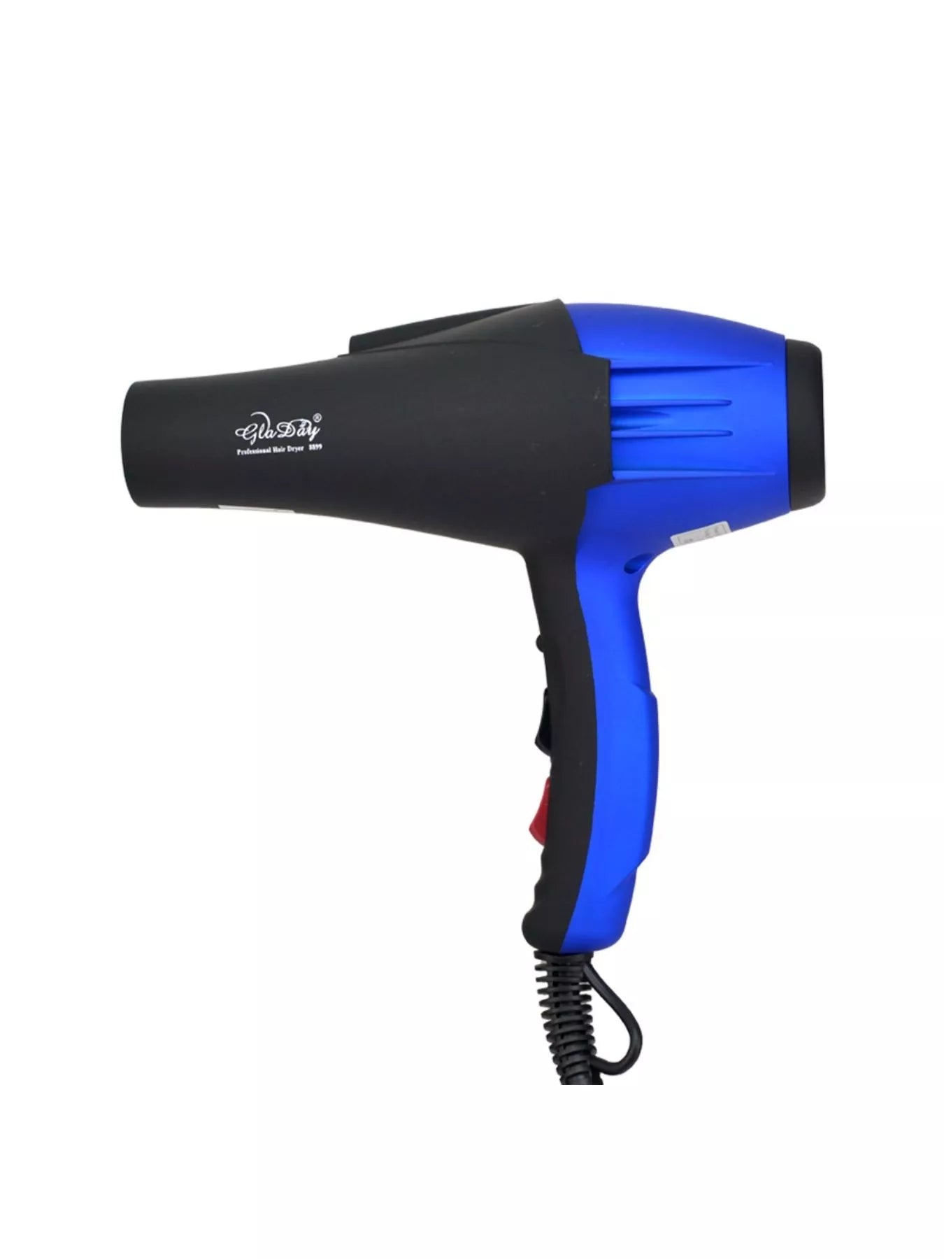 Blue multi-speed hair dryer with black nozzle housing and red control switch