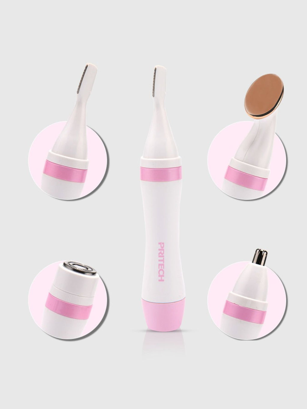 4-in-1 Nose Hair Trimmer with pink-and-white attachments and protective cap