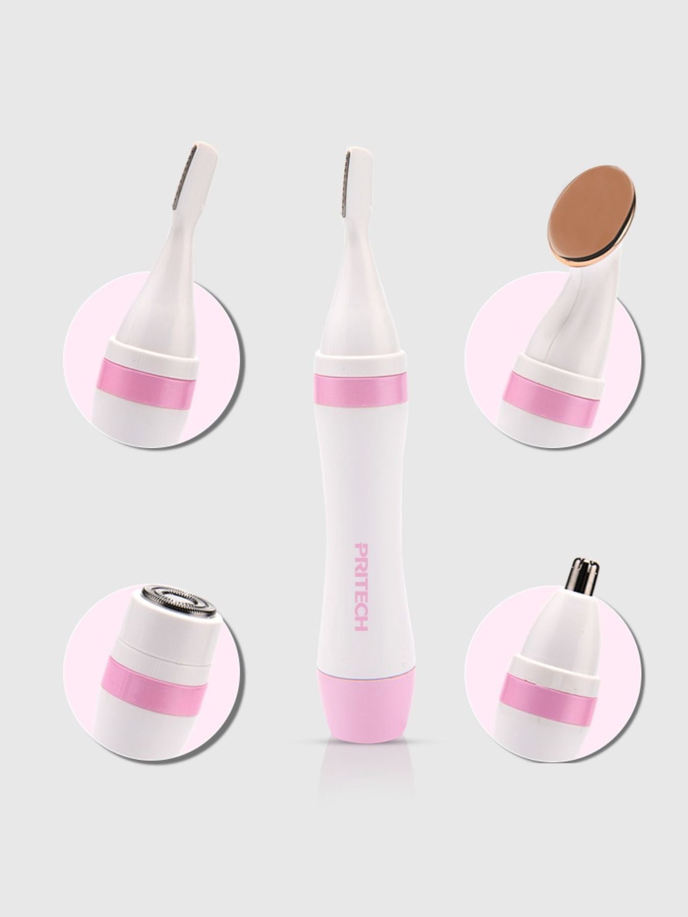4-in-1 Nose Hair Trimmer with pink-and-white attachments and protective cap