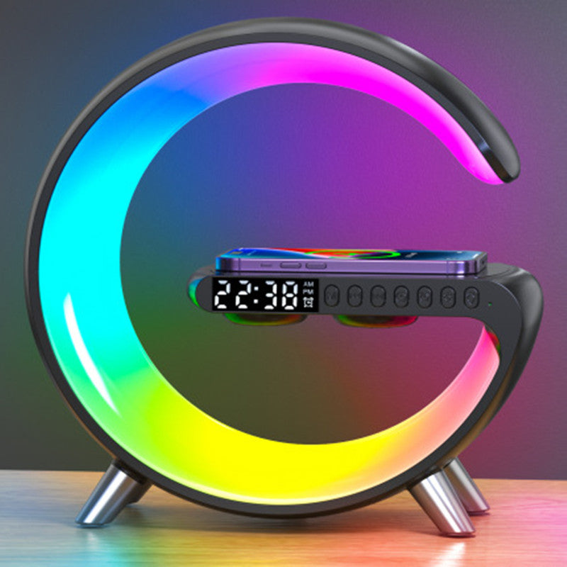 G-shaped LED lamp with Bluetooth speaker and digital clock, black base with rainbow ring light