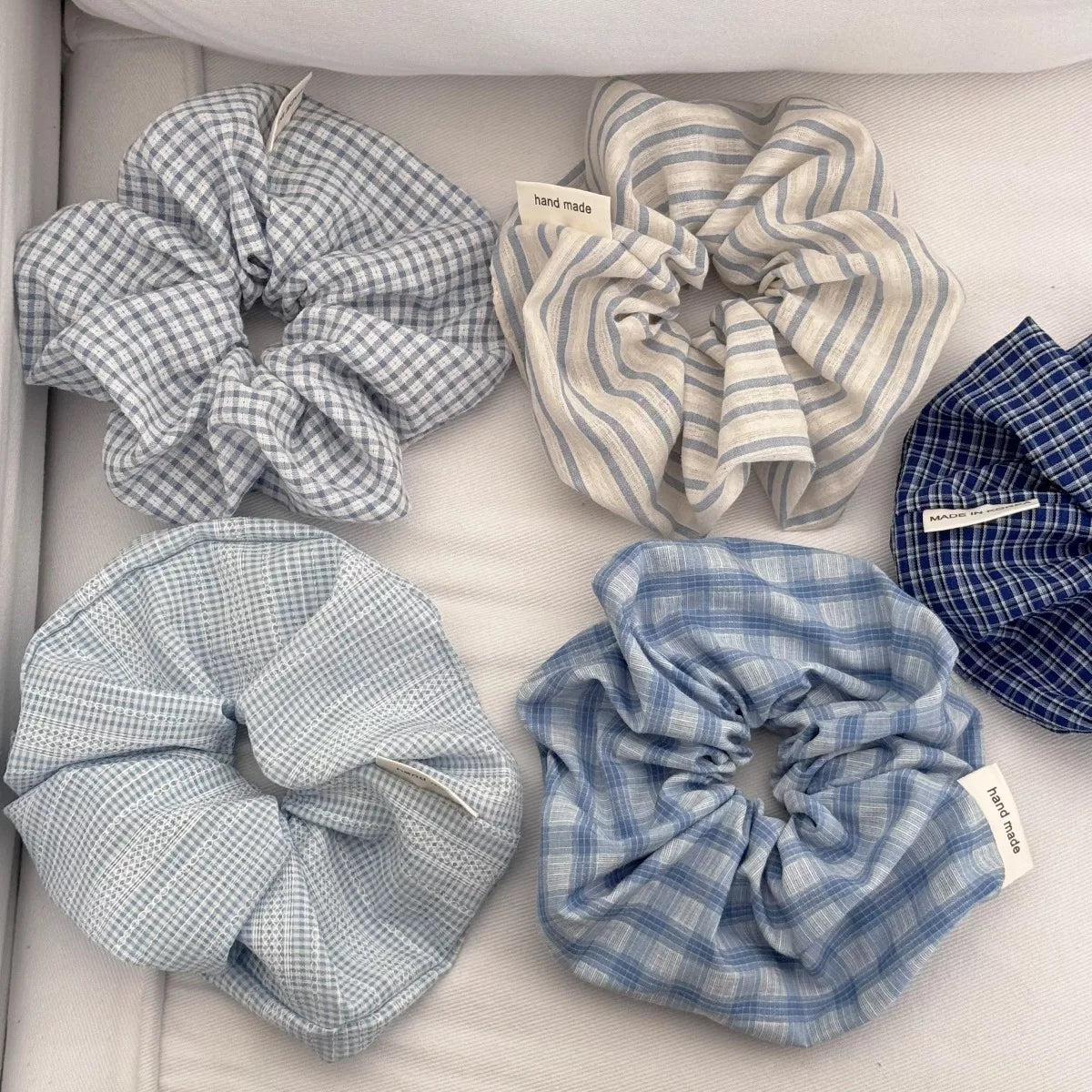Light blue scrunchie set: gingham and stripe hair scrunchies (5-pack)