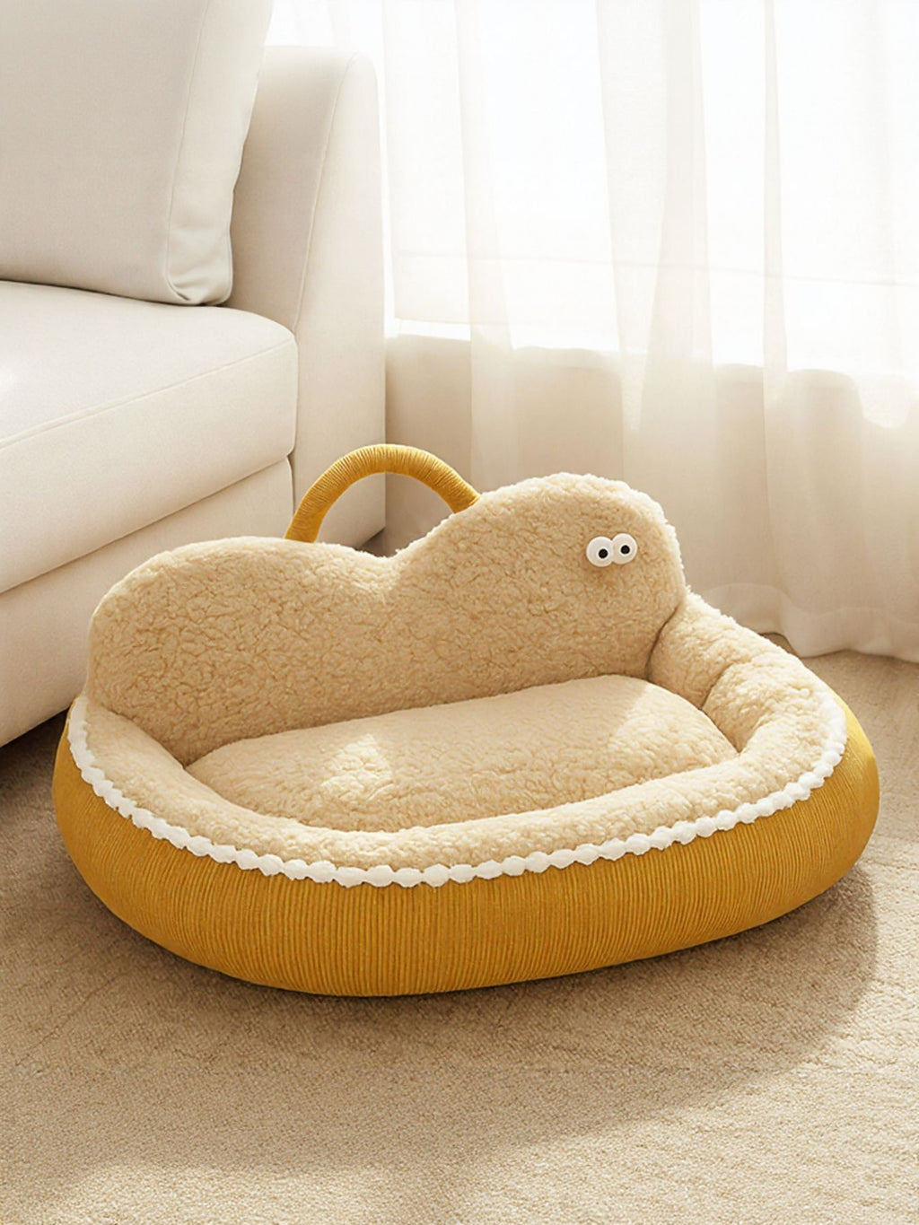 Ginger-yellow cartoon pet nest with plush bed base and side handle