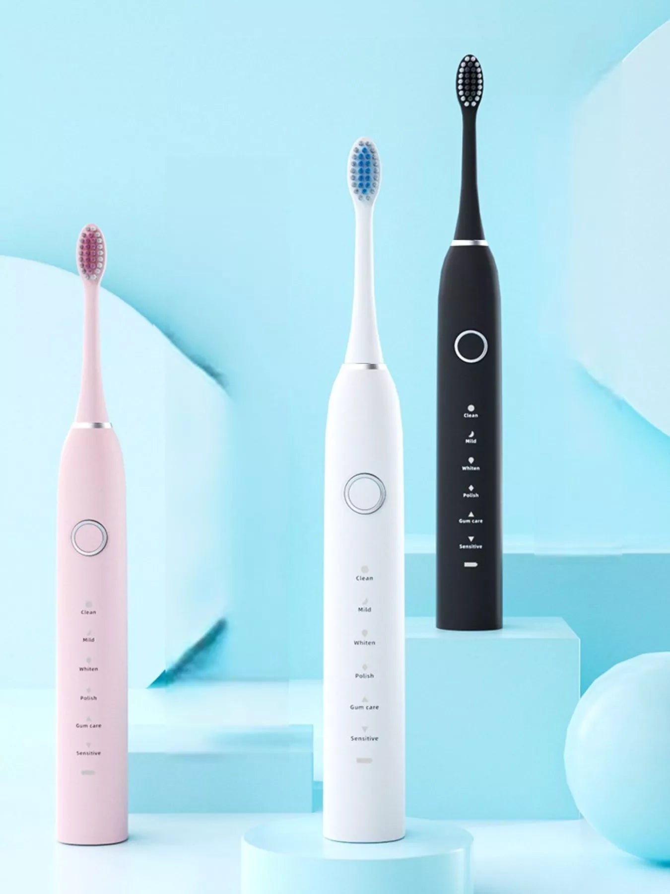 Electric toothbrush with multiple modes in pink, white and black