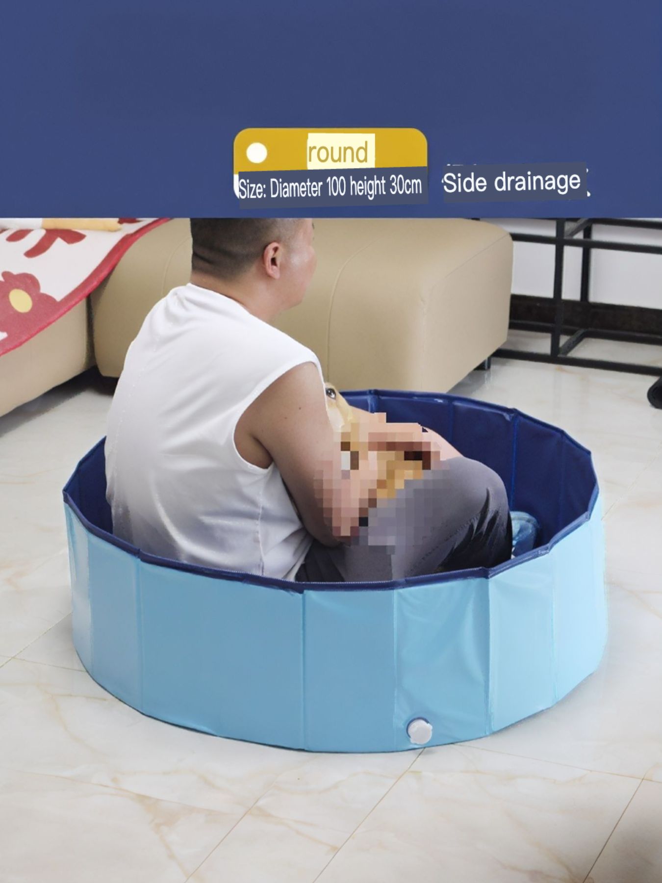 Foldable pet bath pool, blue; round 100cm diameter x 30cm height; side drainage