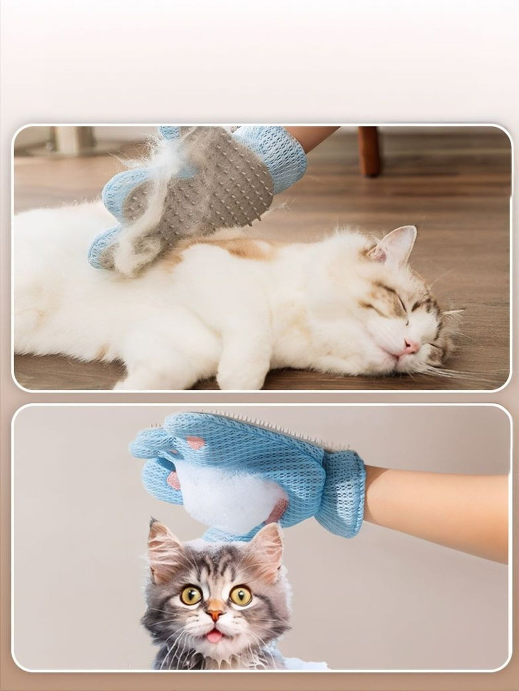 Blue pet hair remover glove brushing white cat fur, paw-shaped