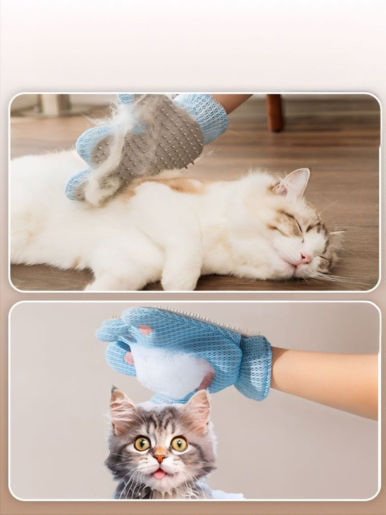 Blue pet hair remover glove brushing white cat fur, paw-shaped