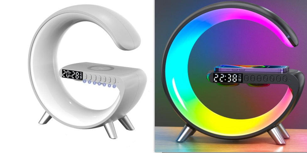 G-shaped LED lamp with Bluetooth speaker and digital clock, white base, 2-pack