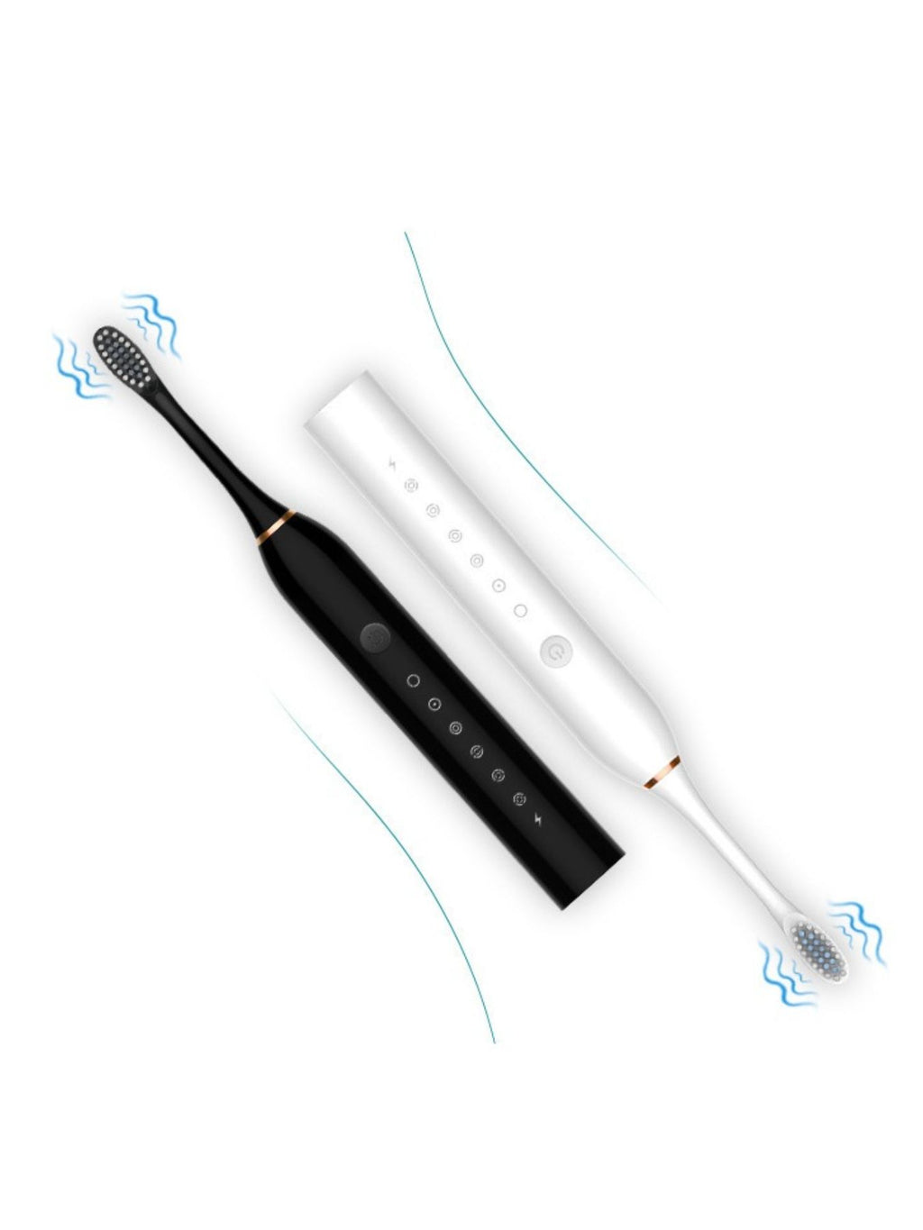 White & black electric toothbrushes with water-wave cleaning icons
