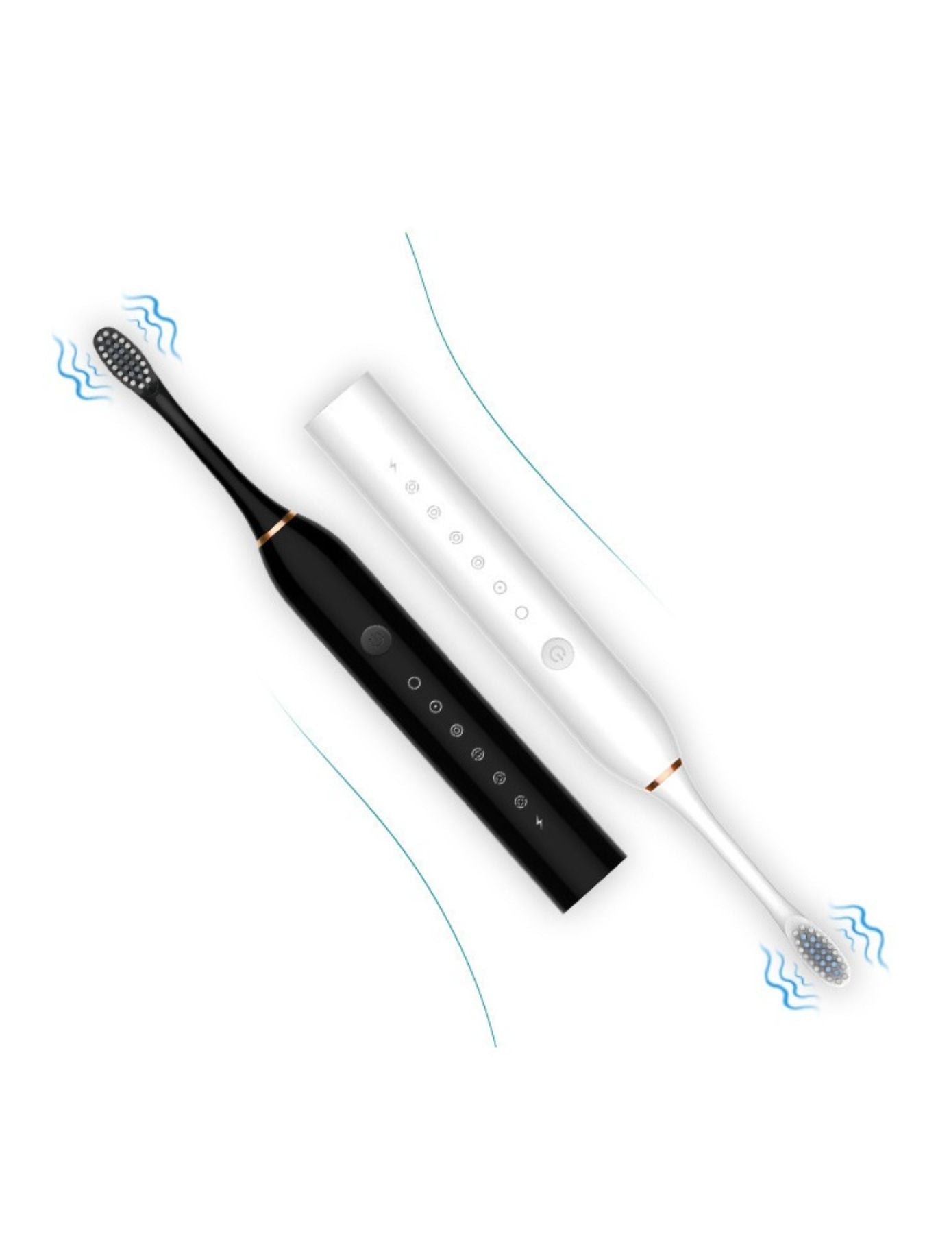 White & black electric toothbrushes with water-wave cleaning icons