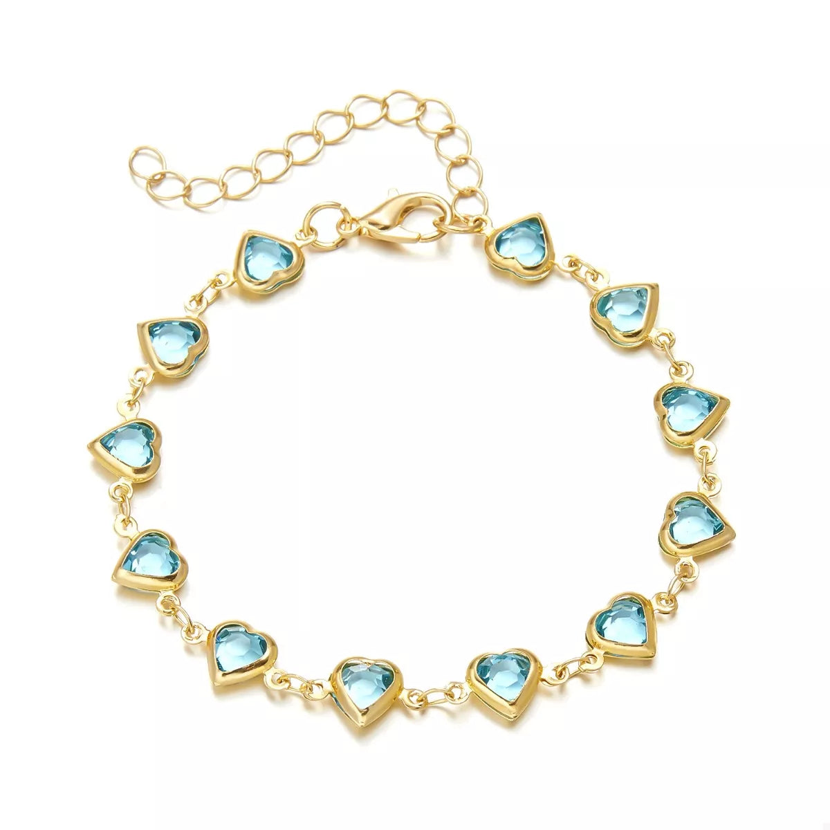Gold-plated bracelet with evenly spaced teal heart charms and small chain links