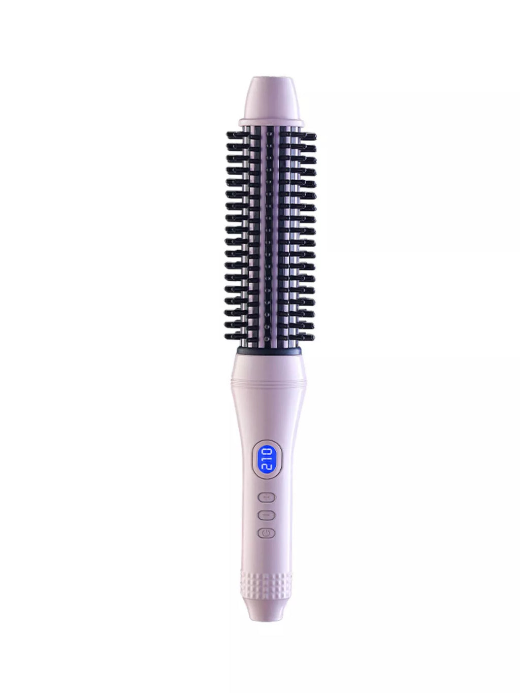 Pink-purple hot air brush front view with black bristles and digital display on handle