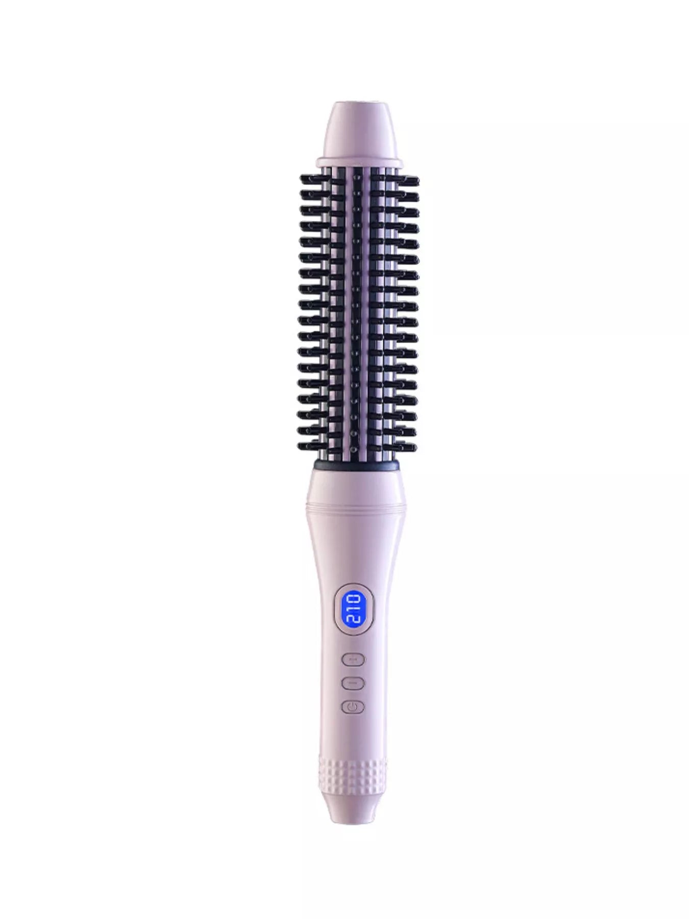 Pink-purple hot air brush front view with black bristles and digital display on handle