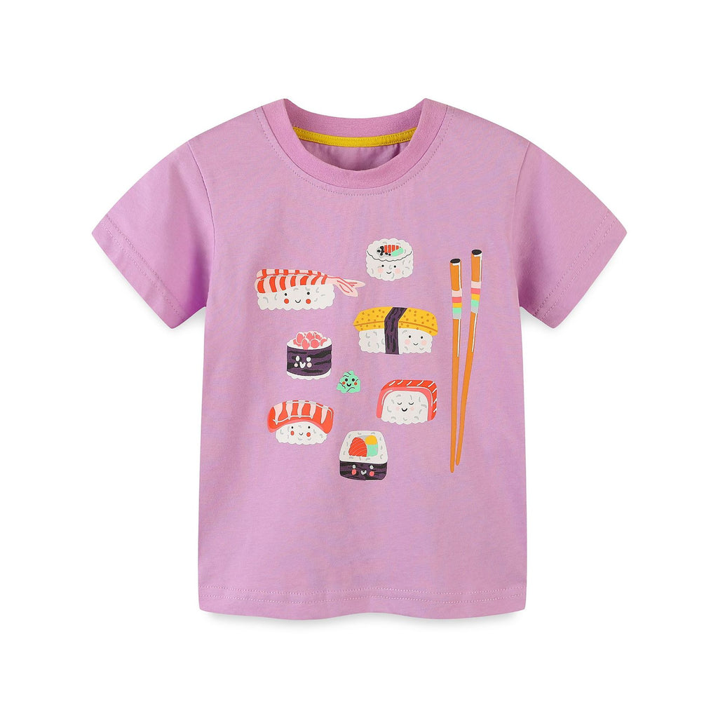 Lavender kids short-sleeve T-shirt with fruit-cartoon graphic and rounded collar