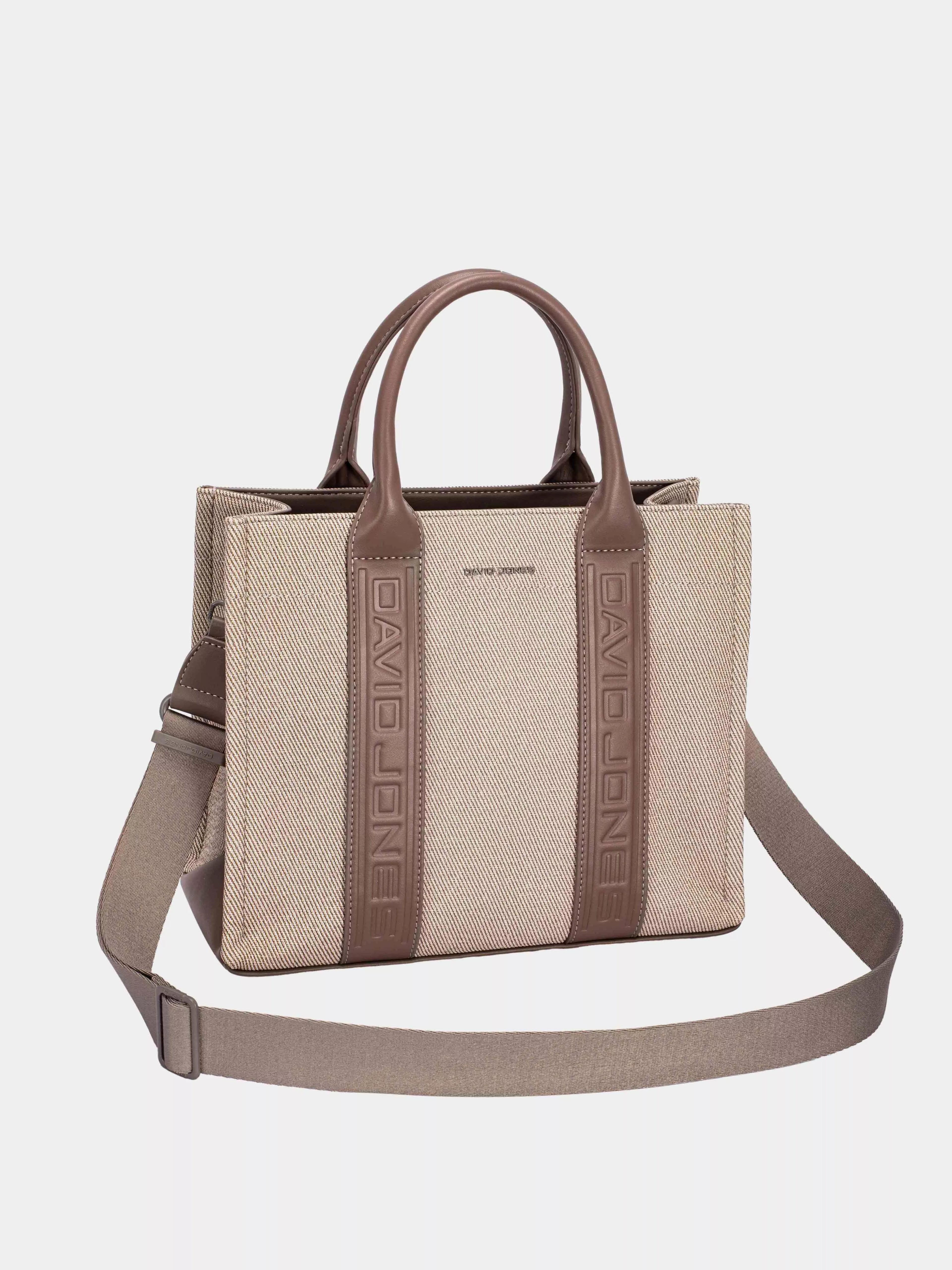 David Jones canvas tote with crossbody shoulder strap and contrast leather side panels