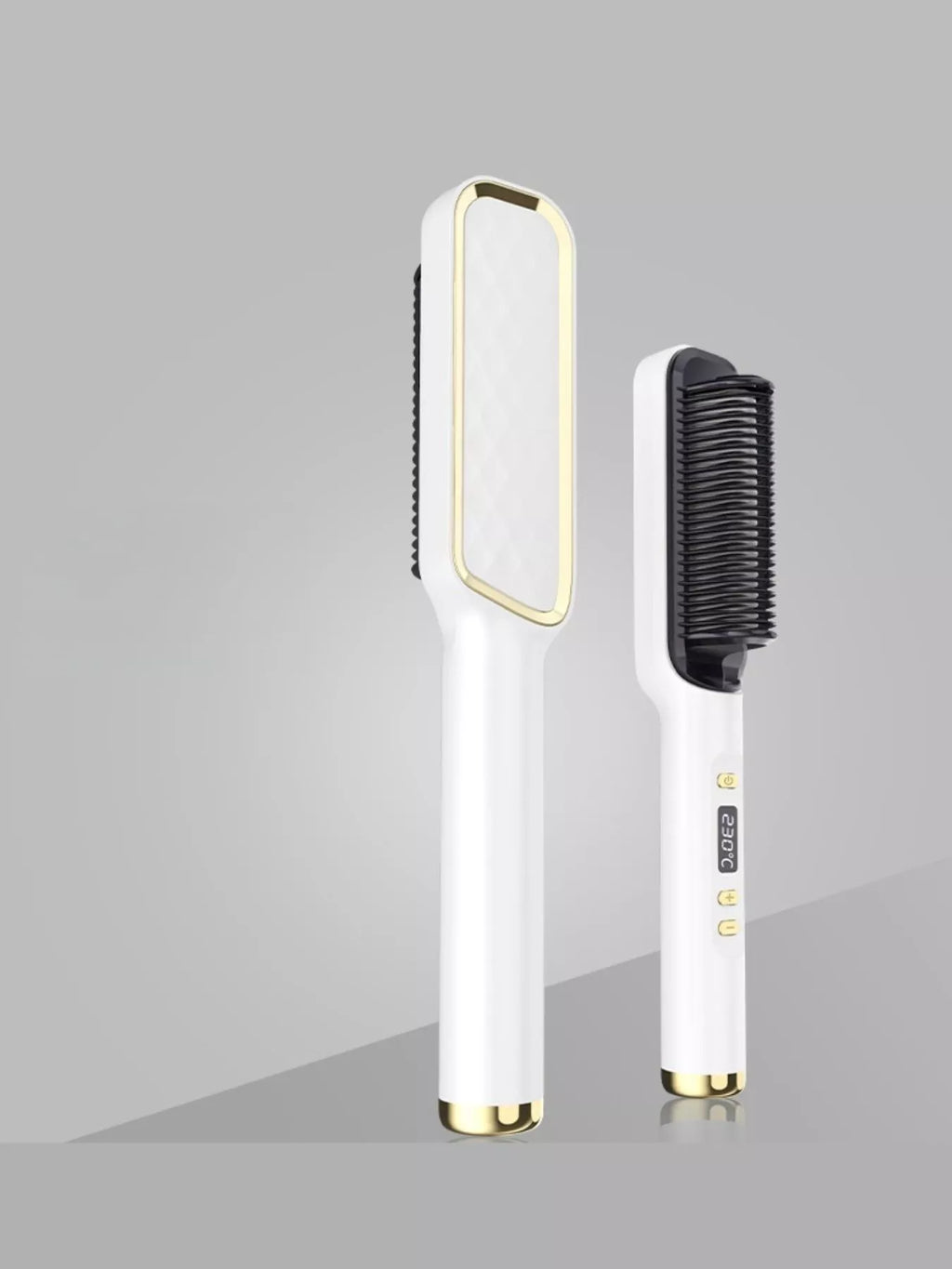 Two ceramic straightening combs with white handles and black heated teeth