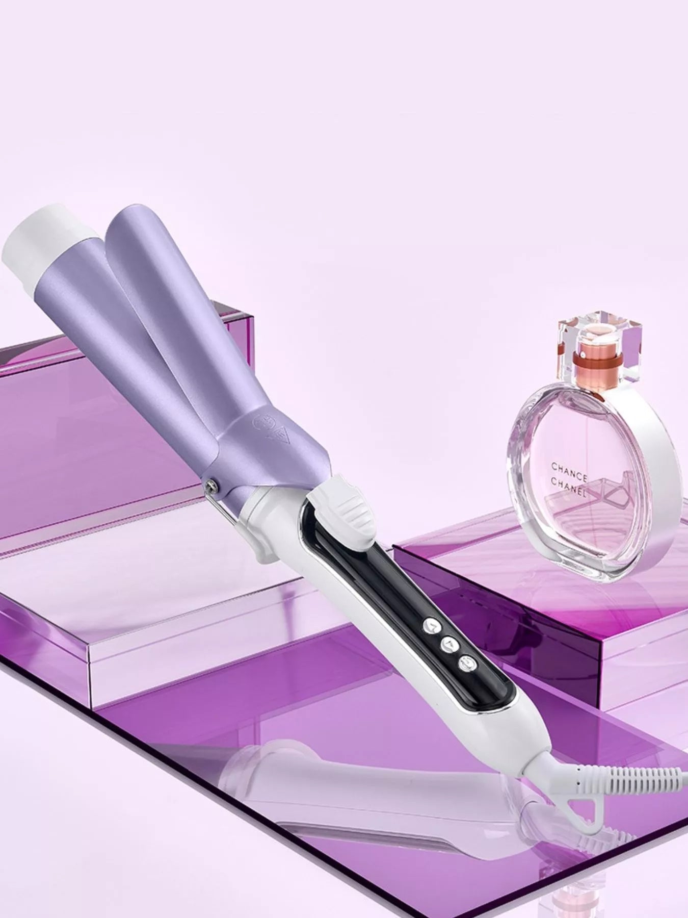Purple automatic rotating ceramic curling iron with black heating window and white handle.