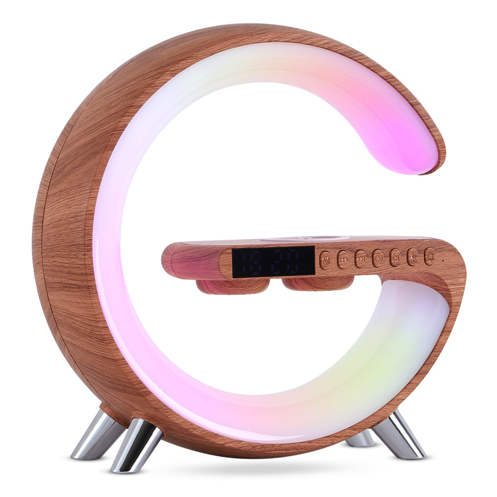 Wood-finish G-shaped LED lamp with pink/purple ring light and built-in display window.