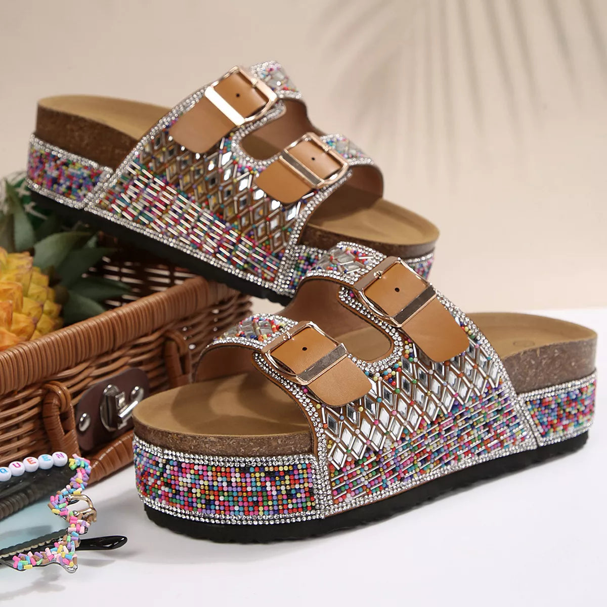 Rhinestone double-buckle platform sandals with multicolor strap detailing