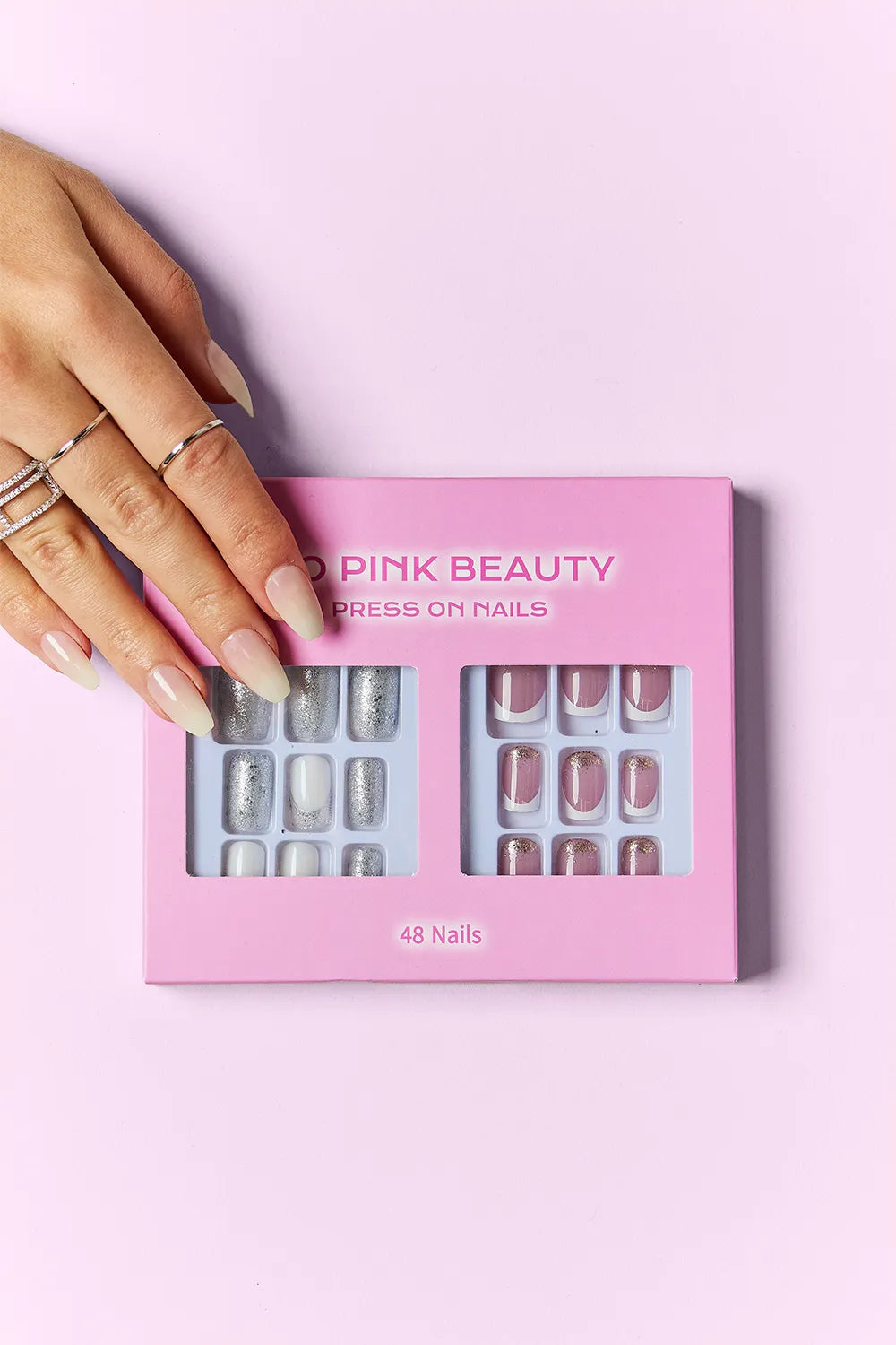 Press-on nails box with silver glitter and nude tips, 48 nails