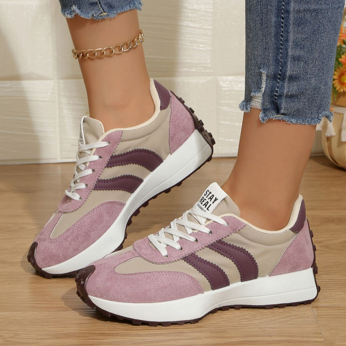 Round toe lace-up sneakers, pink and purple suede with white laces and sole