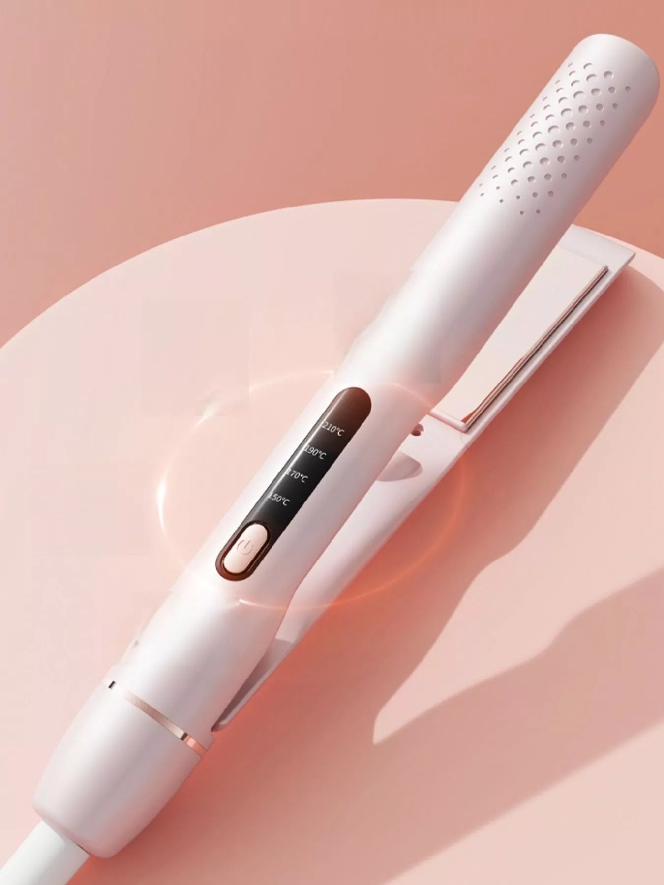 Blush Pink adjustable temperature hair straightener showing display and control button