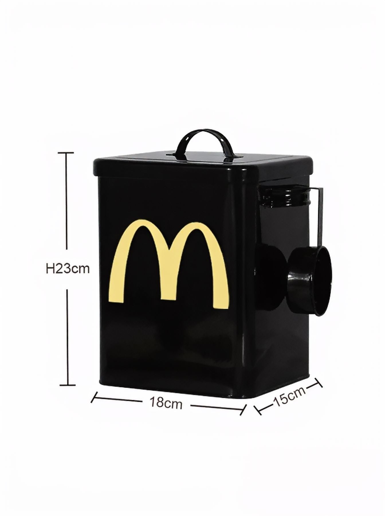 Black pet food storage container with handle, yellow logo, and side dispenser