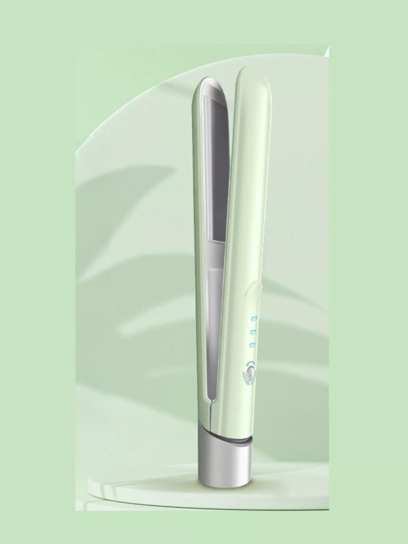 Portable cordless hair straightener, light green body with flat plates
