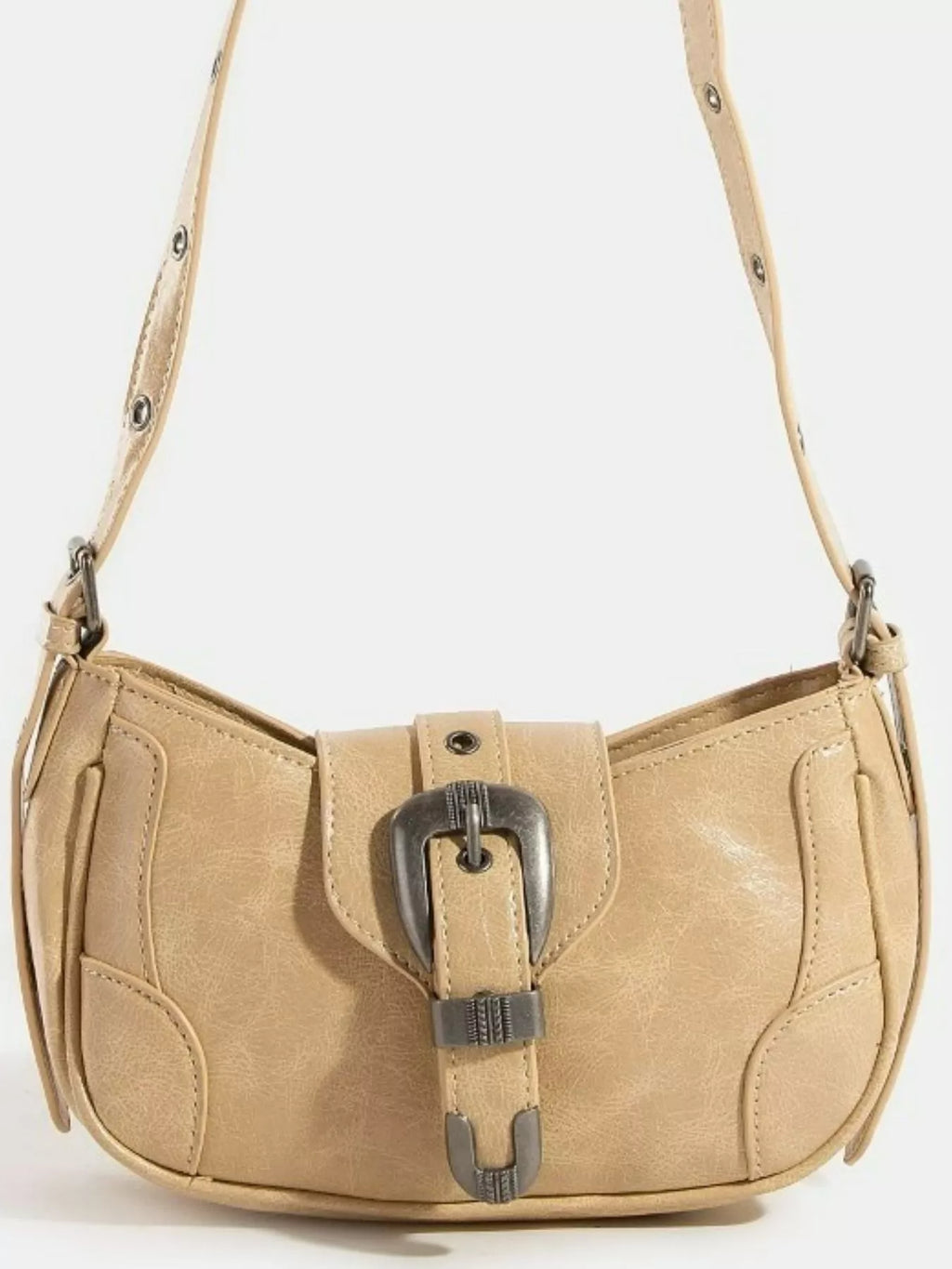 Schultertasche mit Front-Buckle-Verschluss, dekorativen Kanten/Nahtdetails, verstellbarer Trageriemen