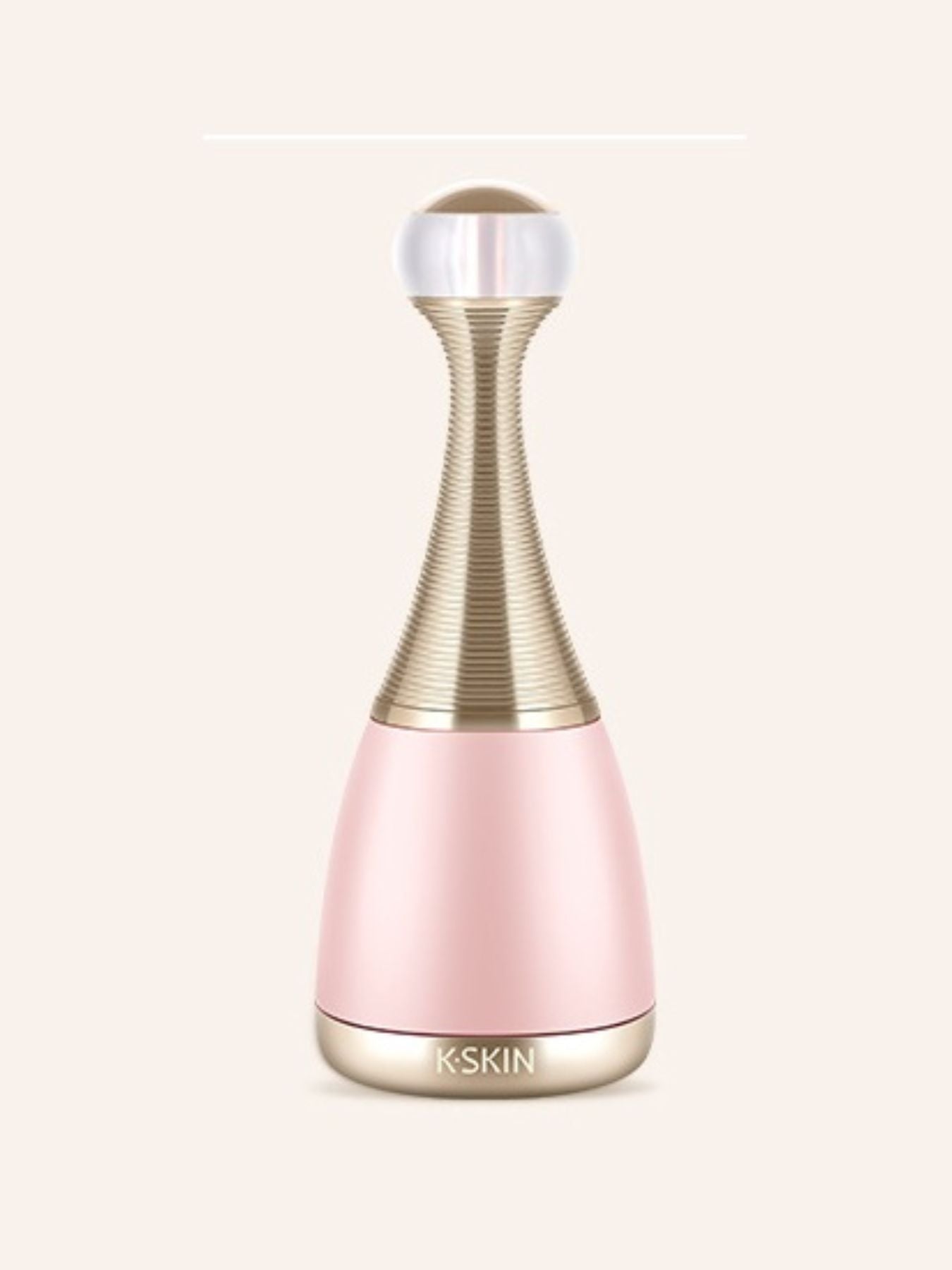 Blush pink facial steamer device front view with gold neck and white top