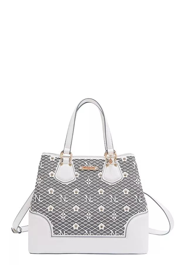 White monogram handbag with top handles, stud accents, and structured silhouette