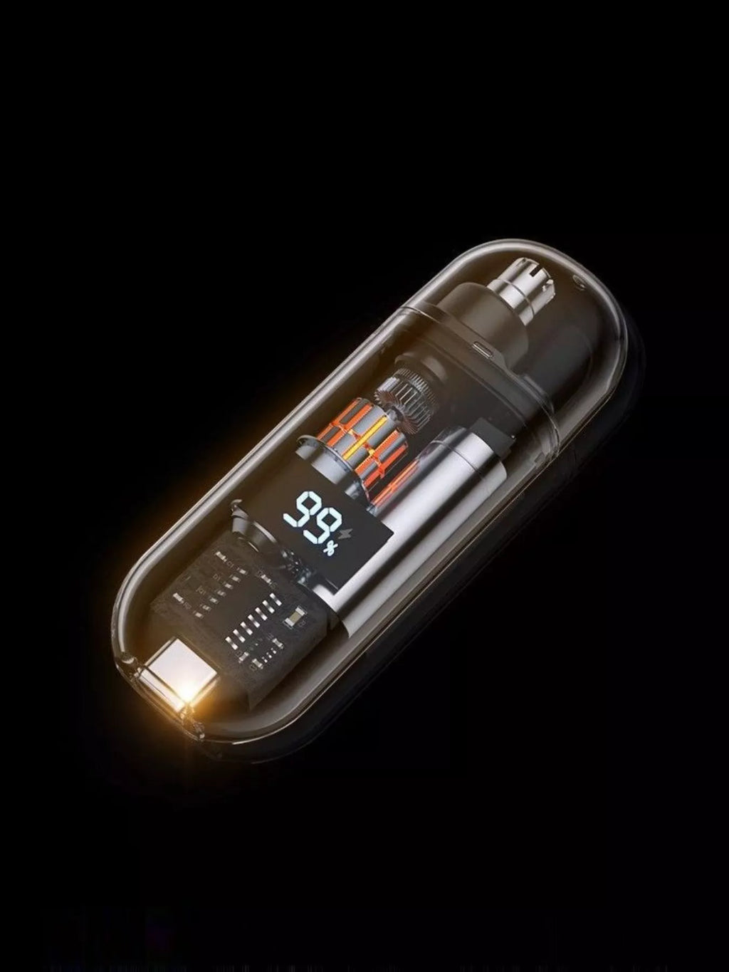 Rechargeable LED nose hair trimmer in clear capsule housing with display
