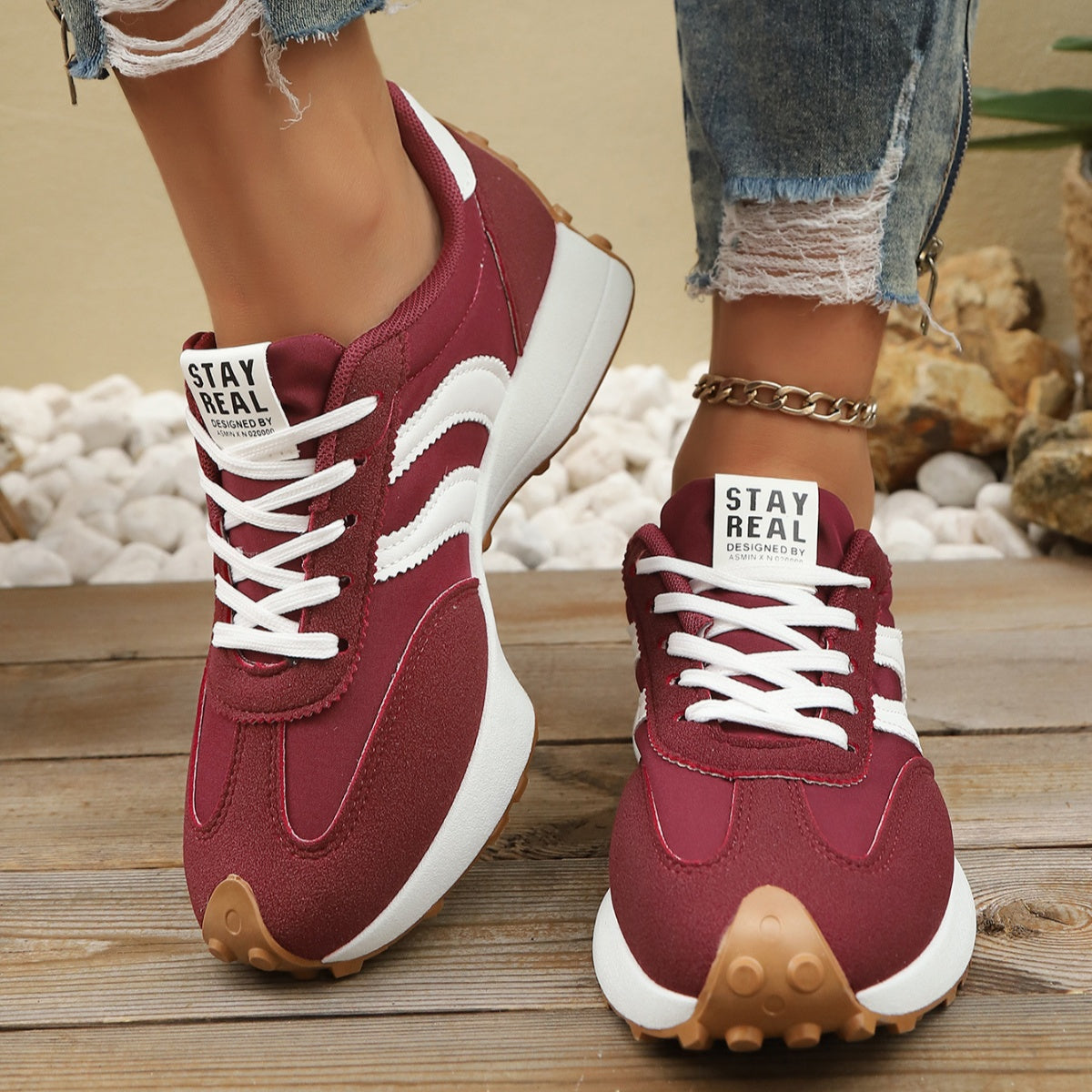Round toe lace-up sneakers, burgundy red suede with white stripes and tan tread sole