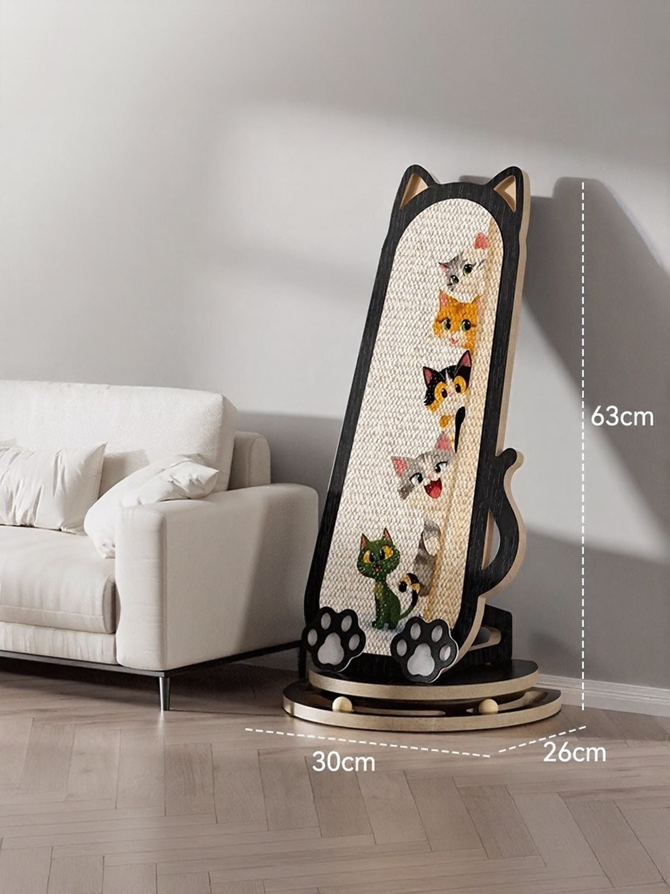 Cat-shaped scratching post with kitten graphic on tan sisal, black frame, 63×30×26cm