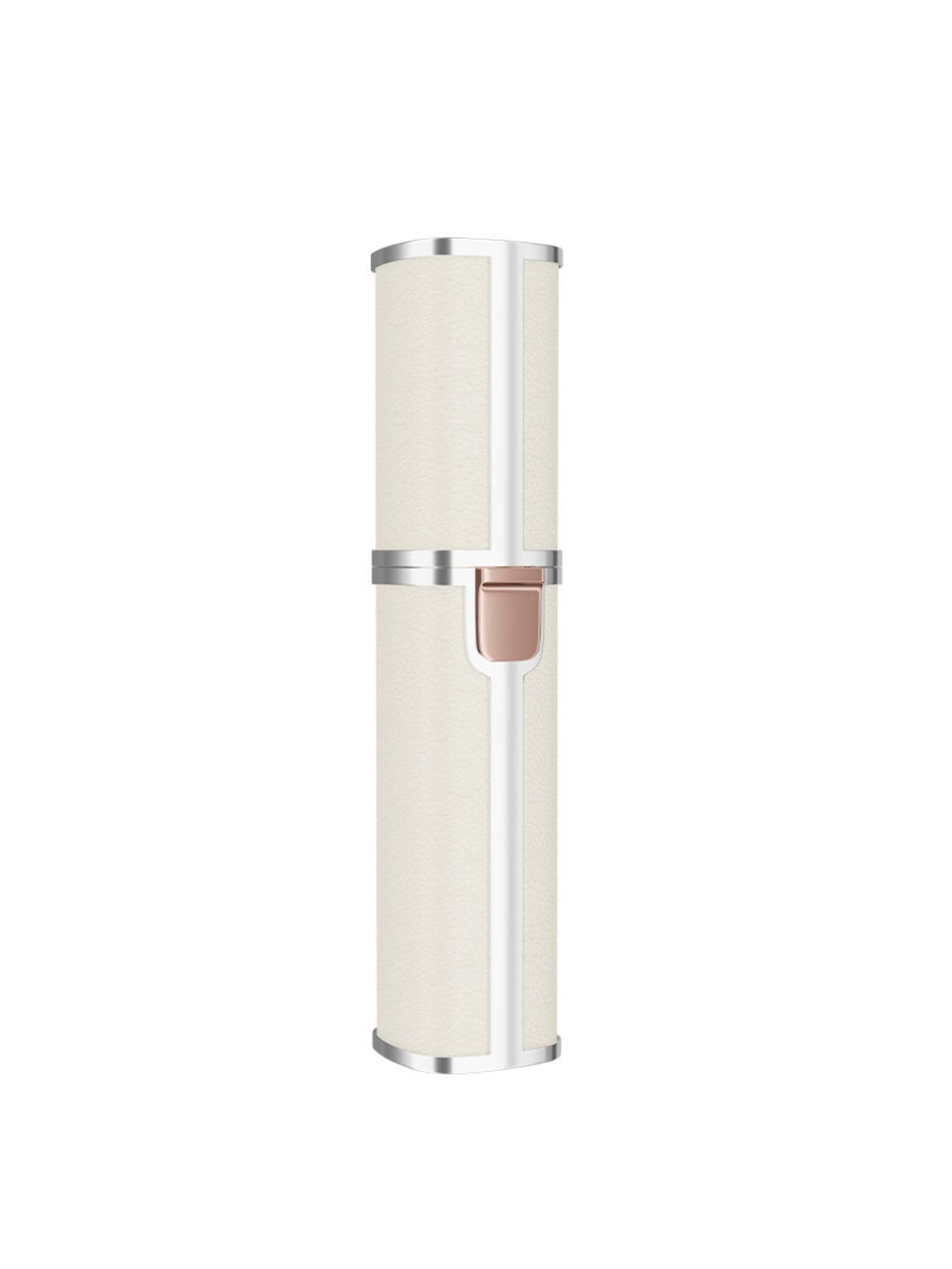 Beige portable eyebrow trimmer with protective cap and rose-gold switch area