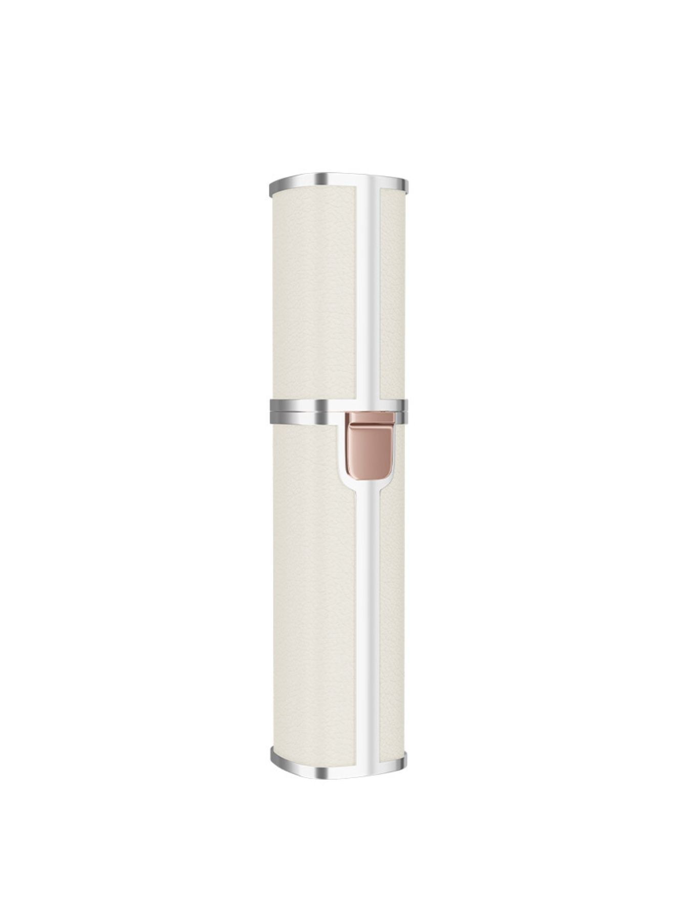 Beige portable eyebrow trimmer with protective cap and rose-gold switch area