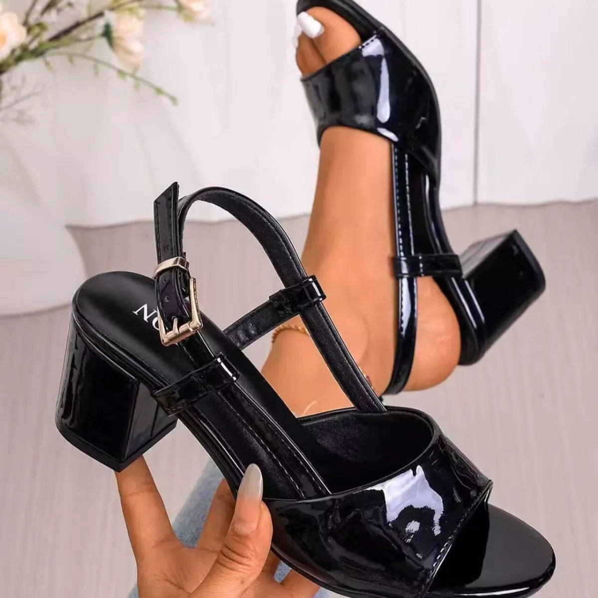Open Toe Block Heels Sandals: black glossy open-toe sandal with thick block heel