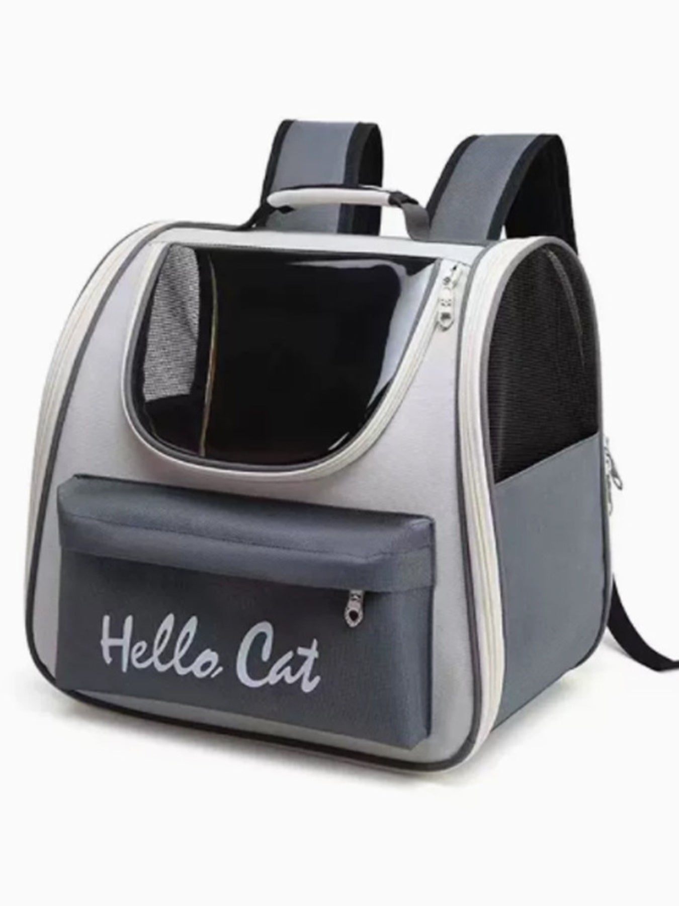 Breathable transparent pet carrier backpack (Grey) with front zip pocket and side mesh panels