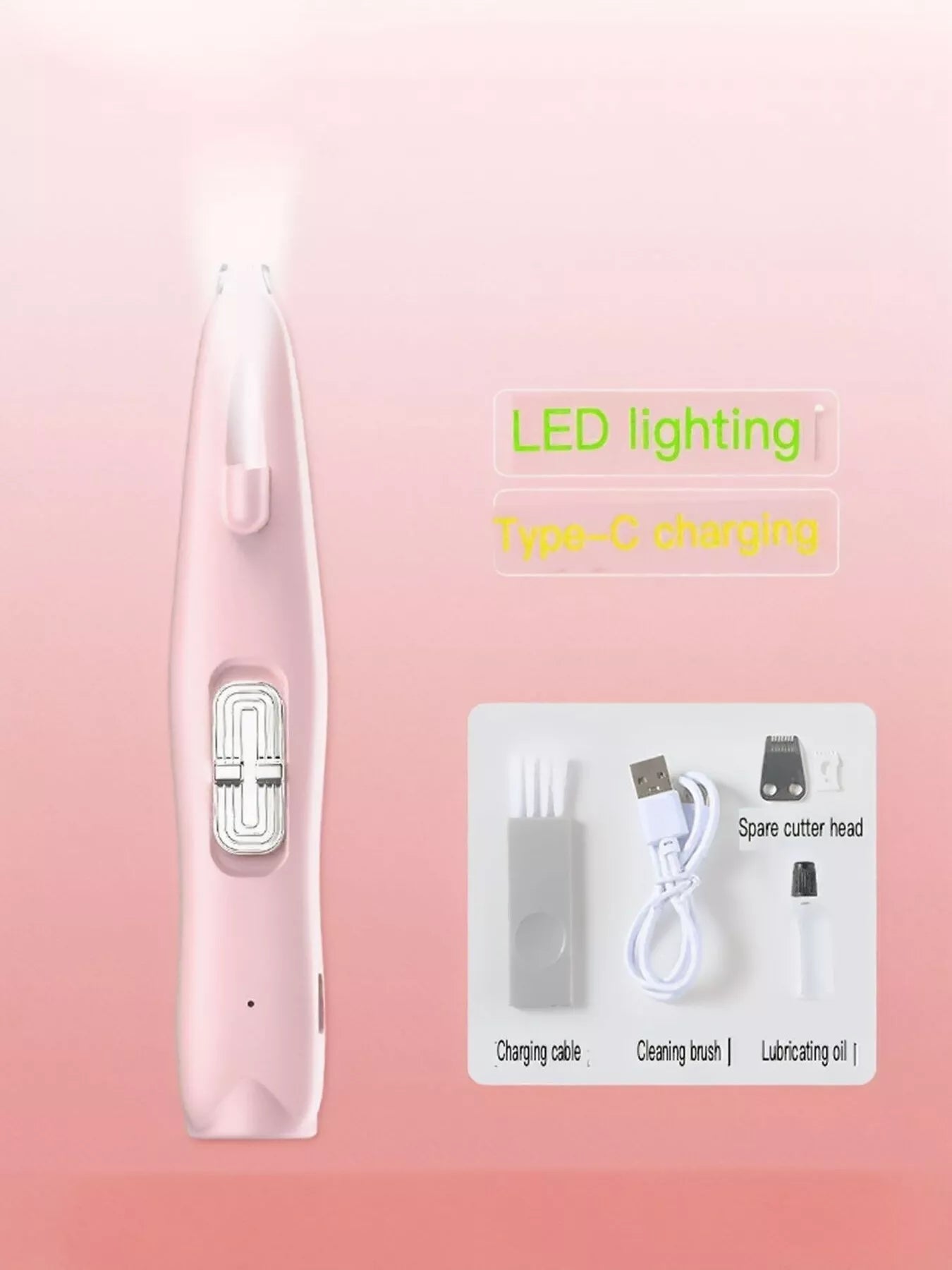 Pink rechargeable pet hair clipper with Type-C charging and LED light