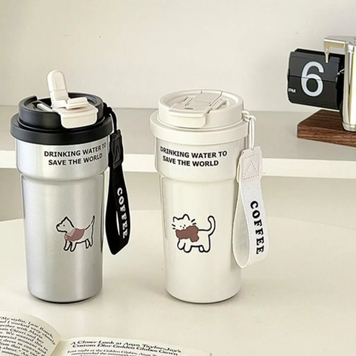 Cute cat tumbler with straw lids, cream and black, 'SAVE THE WORLD' wording