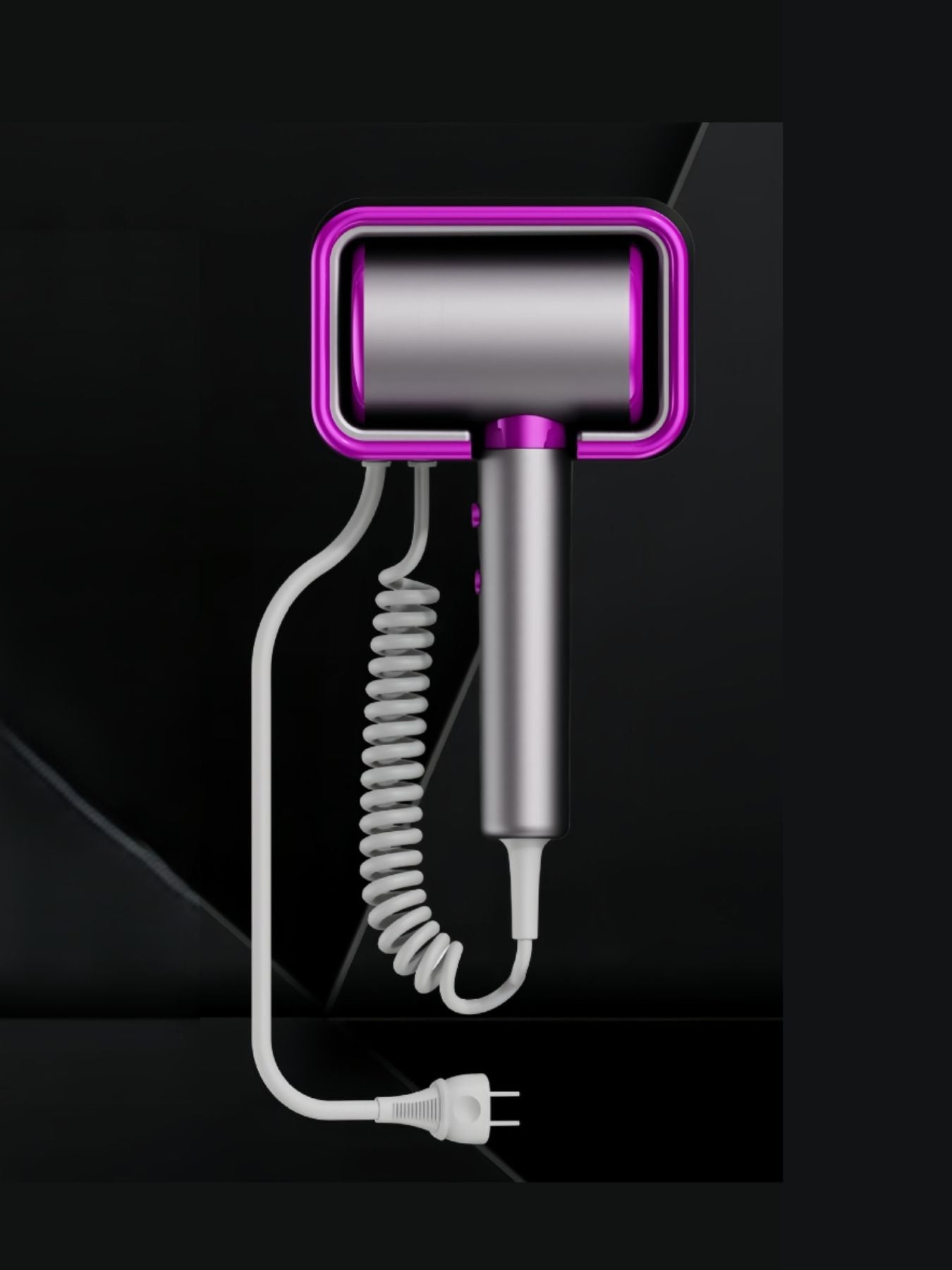 Multi-speed household hair dryer, dark gray body with purple nozzle frame and cord