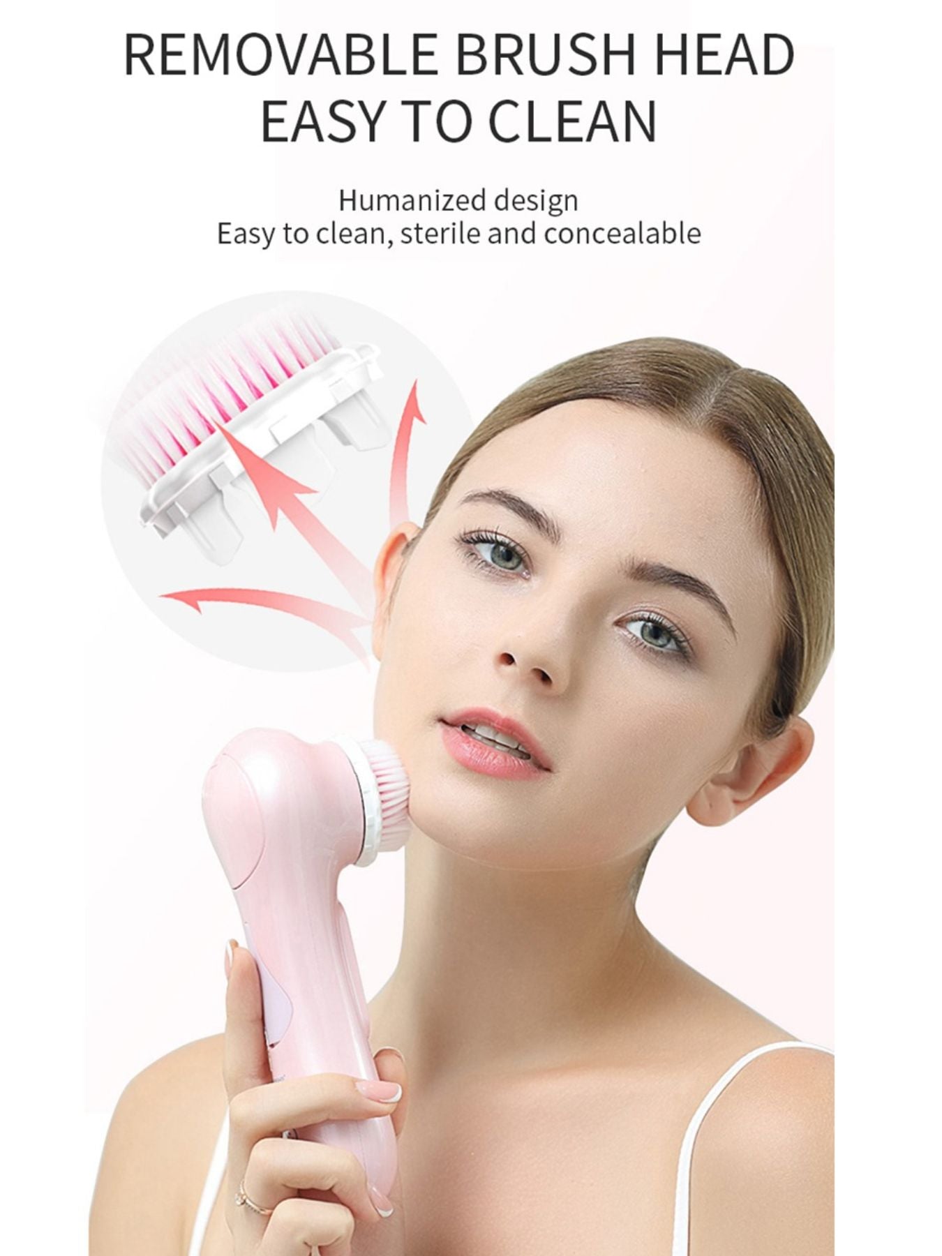 Dusty pink facial cleansing brush with removable bristle heads