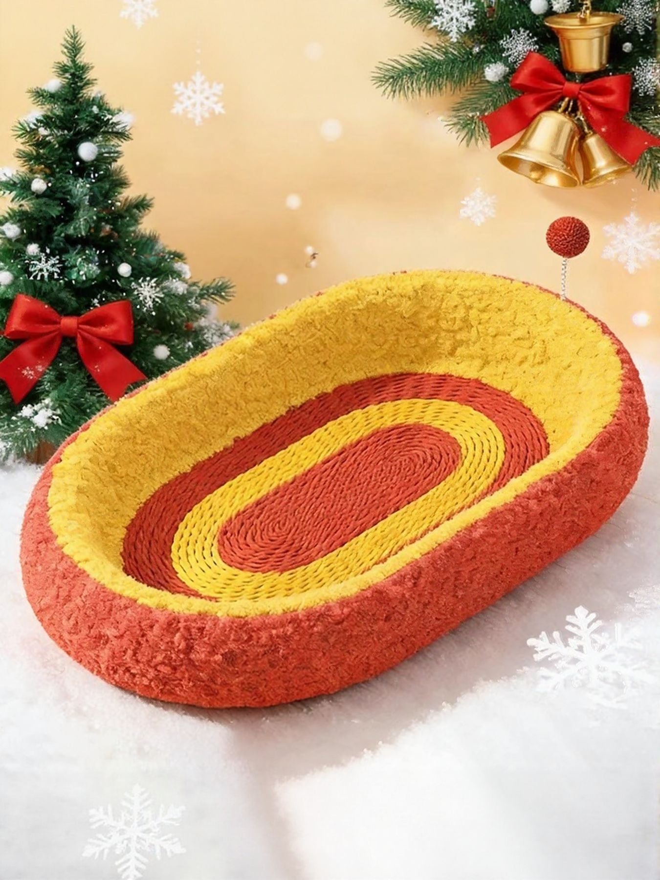 Oval cat scratching bed with red outer, yellow middle, and red inner circular stripes