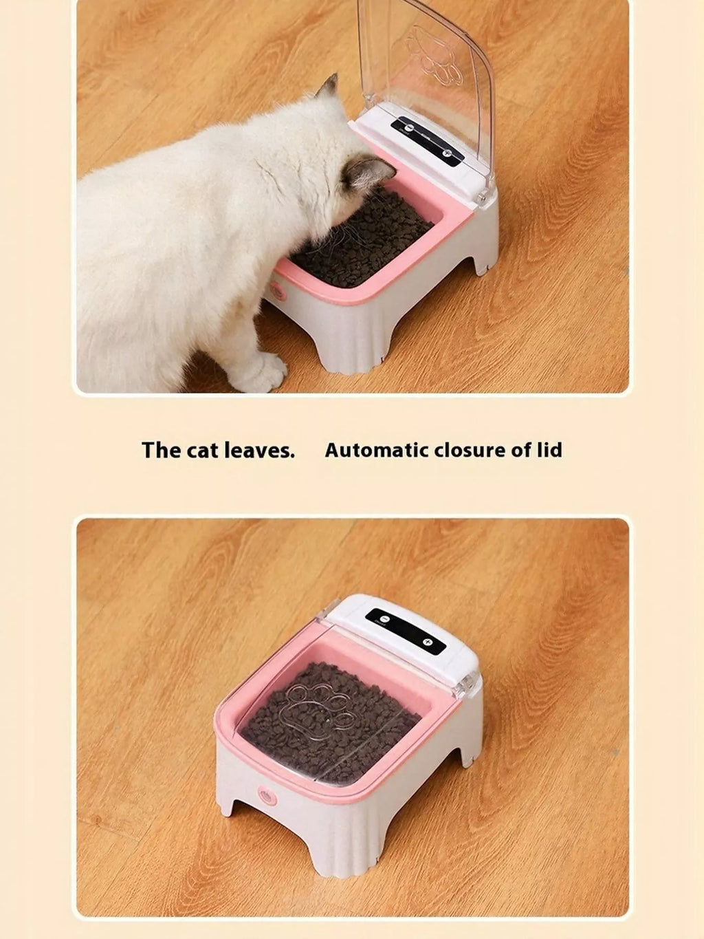 Dusty pink automatic pet feeder with open top elevated bowl for kibble dispensing