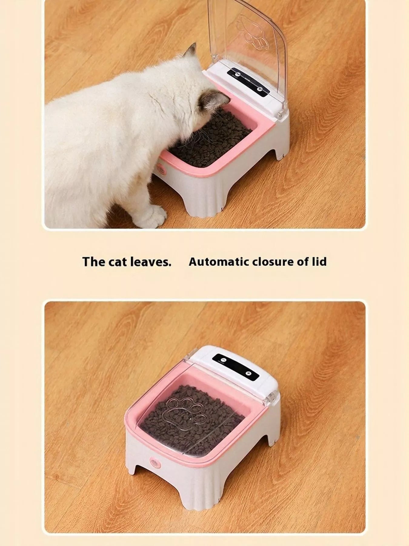 Dusty pink automatic pet feeder with open top elevated bowl for kibble dispensing
