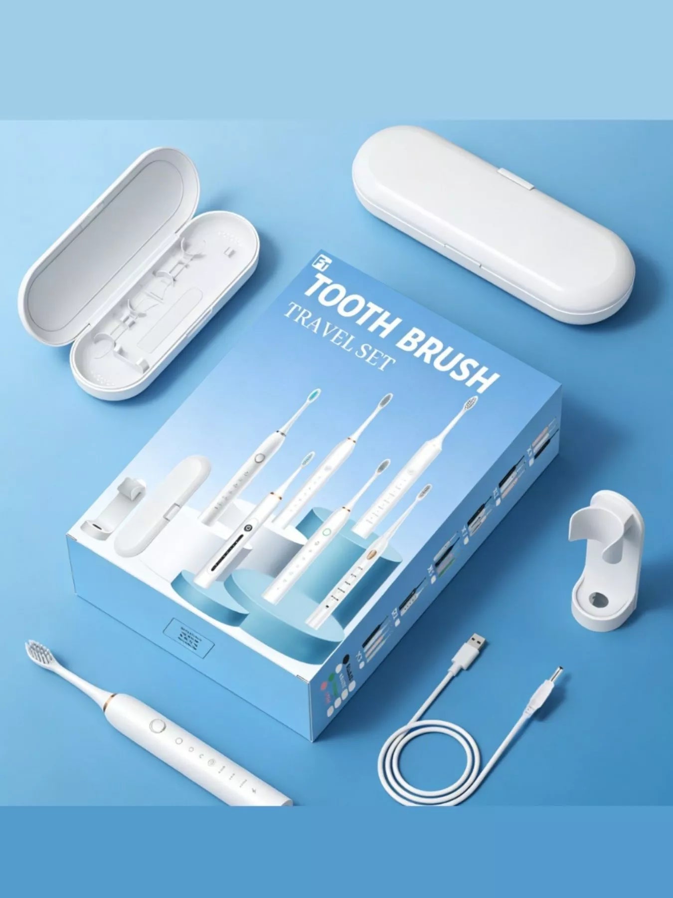 Electric toothbrush travel set with case, charging cable, and extra brush heads