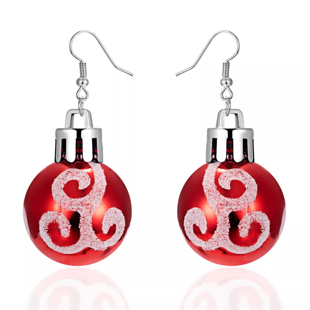 Red Christmas ball drop earrings with silver cap and glitter swirl design
