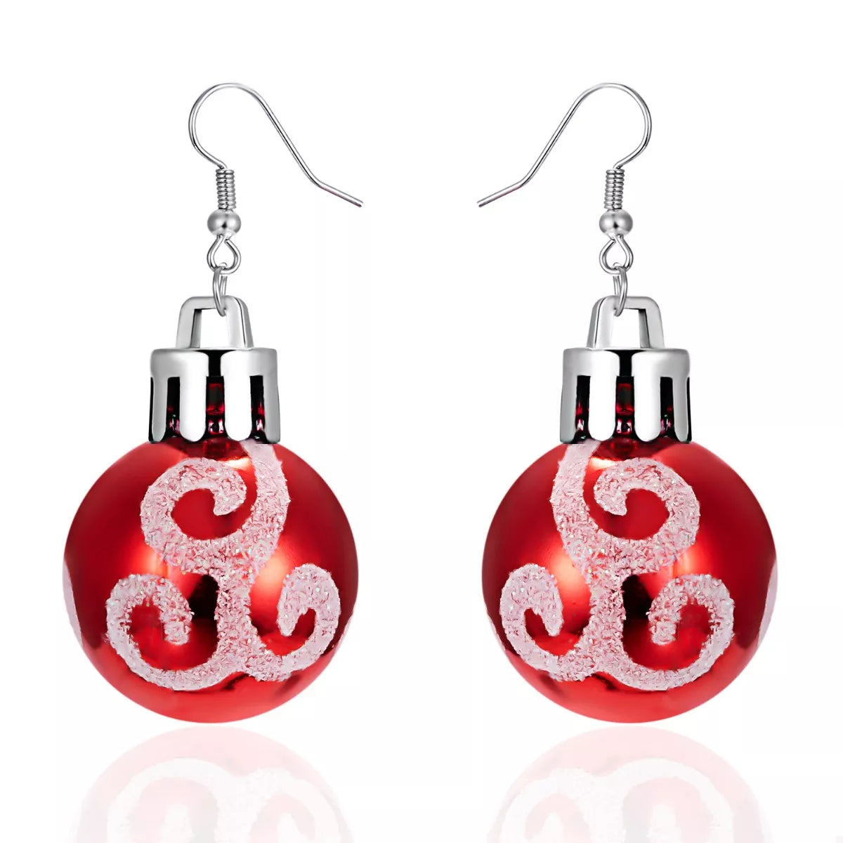 Red Christmas ball drop earrings with silver cap and glitter swirl design
