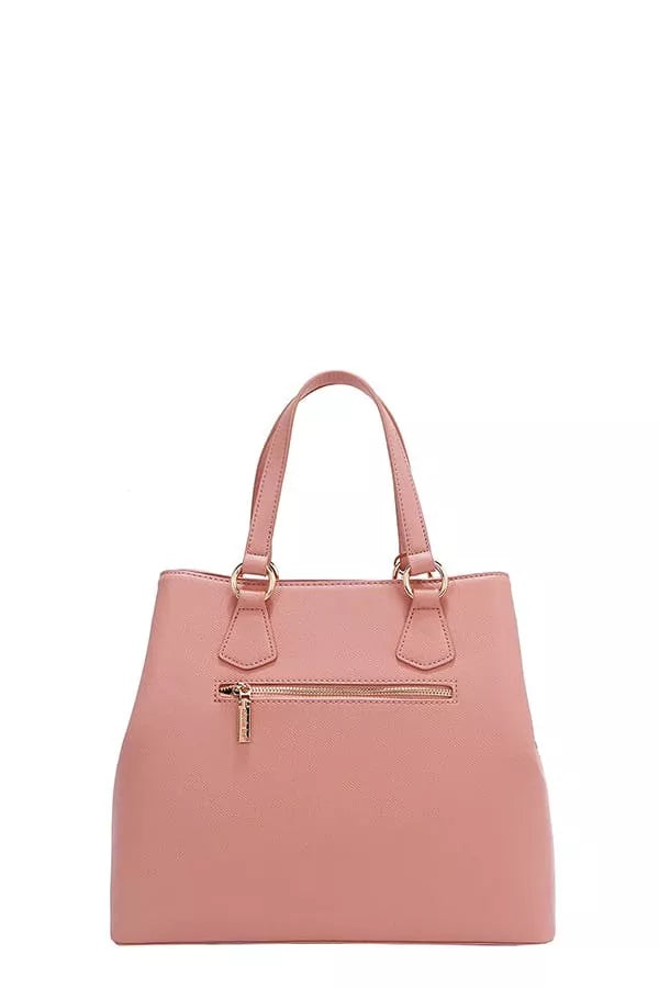 Blush pink monogram handbag with zip front pocket and double top handles