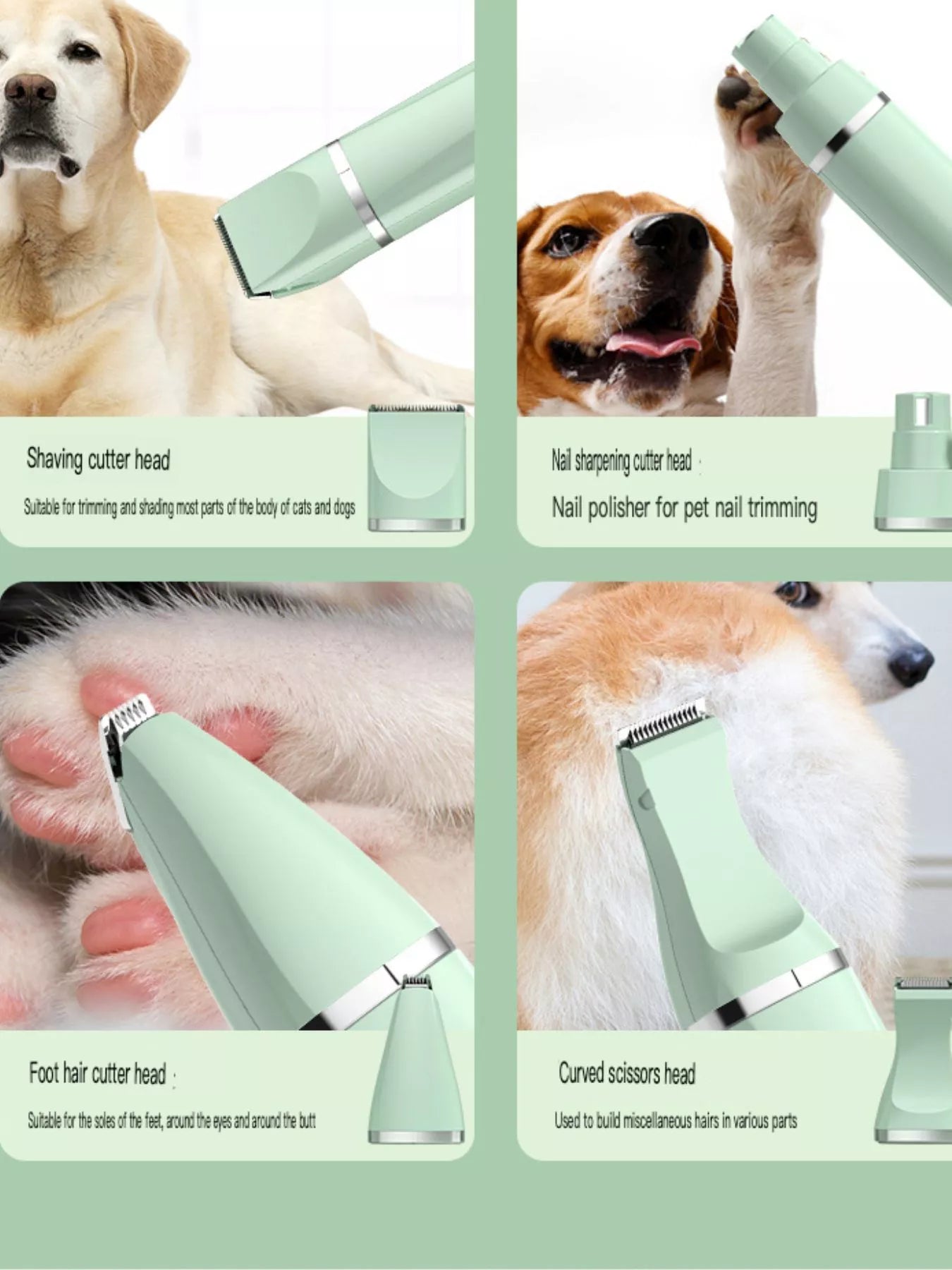 Pet grooming clipper with interchangeable heads for coat trimming and detail work