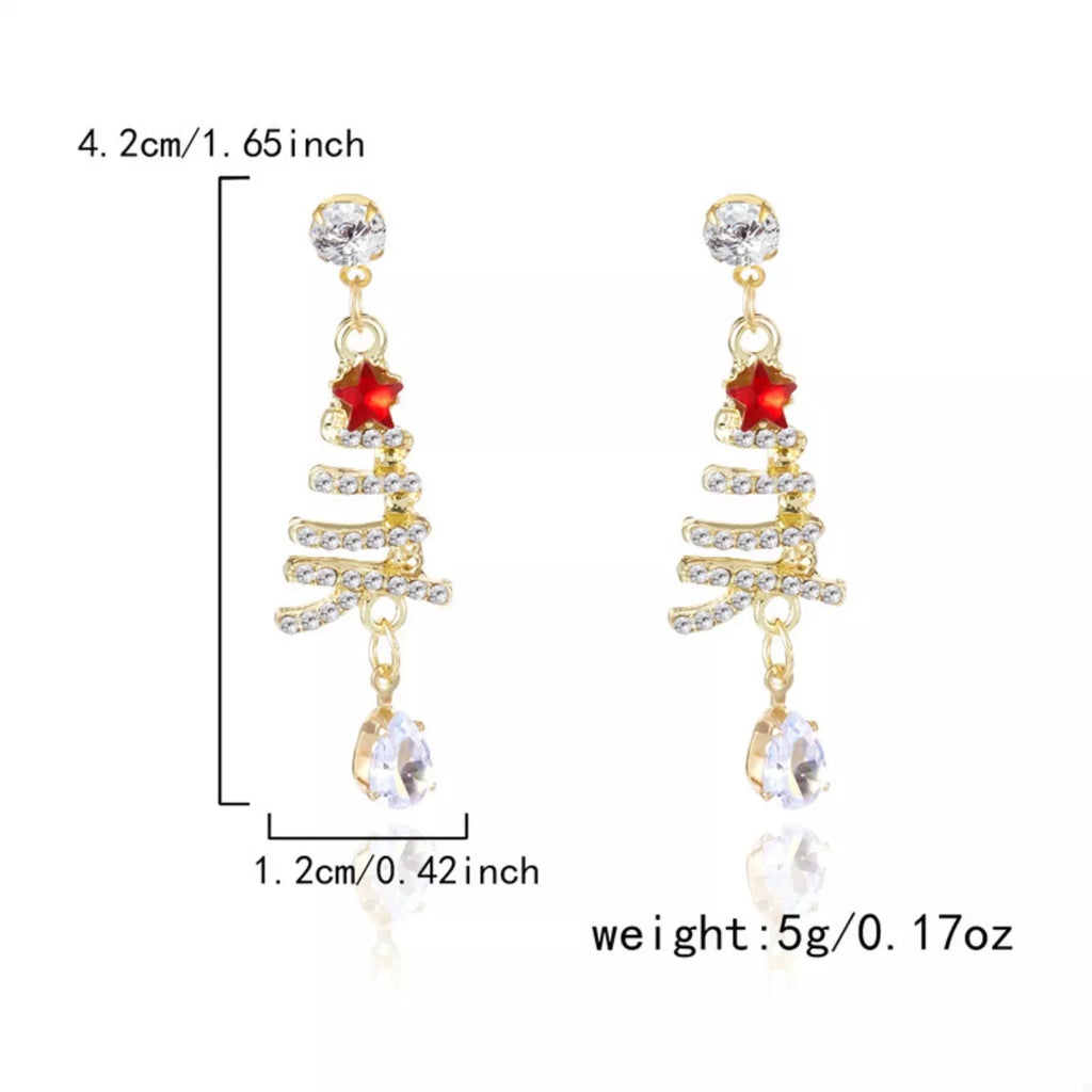 Christmas tree earrings: 2.2cm length, red star top, clear teardrop dangle, 5g weight